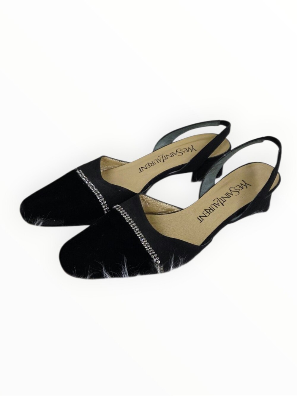 Yves Saint Laurent Black Velvet Pointed Slingback Flats with Crystal Trim*Damagb